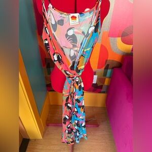 Anthropologie and Farm Rio Tropical Toucan Wrap Dress in Coral, Aqua & Black